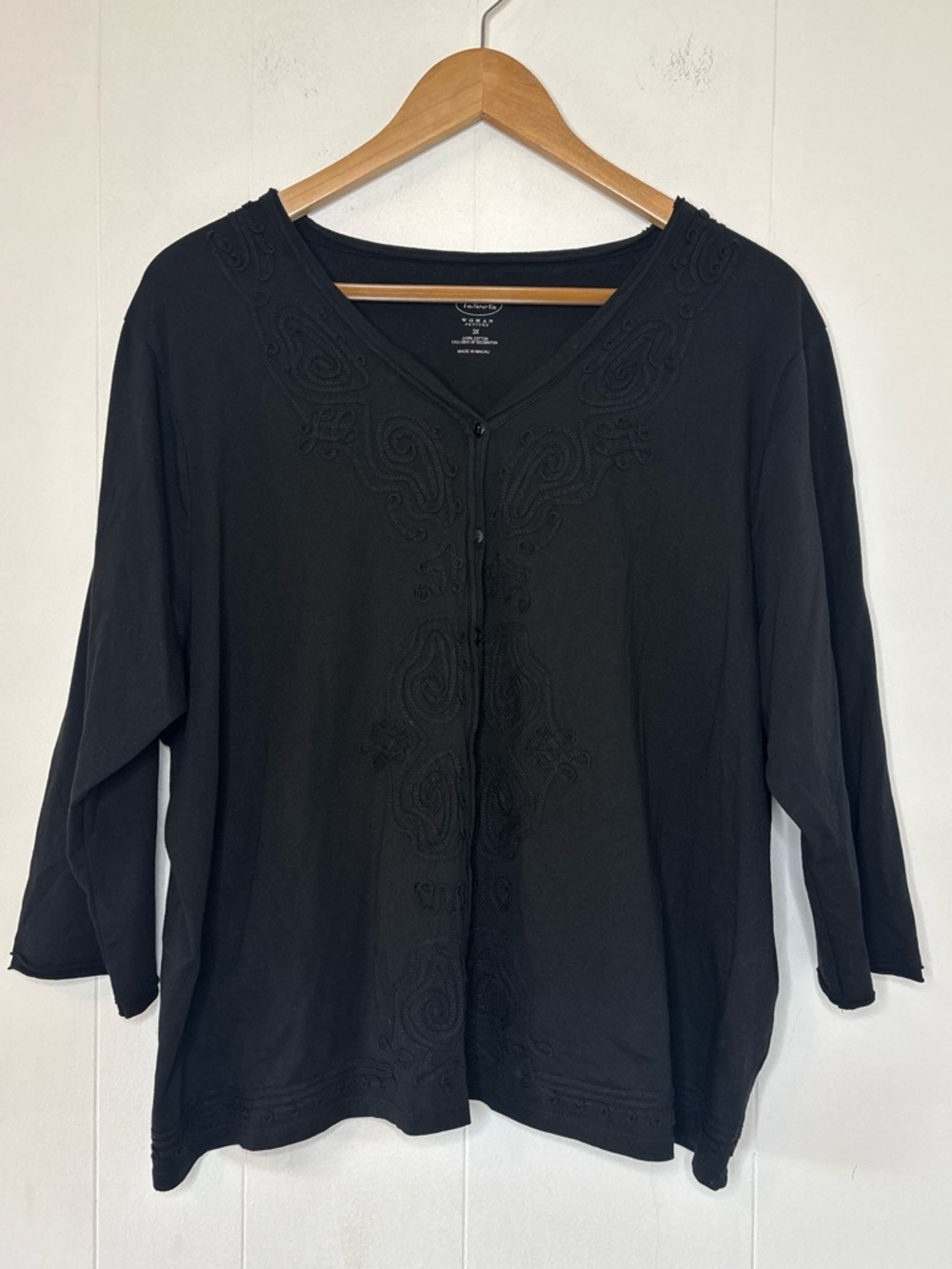 Talbots 100% Cotton Black Embroidered Button Up 3/4 Sleeve Top Size 3XL Petite